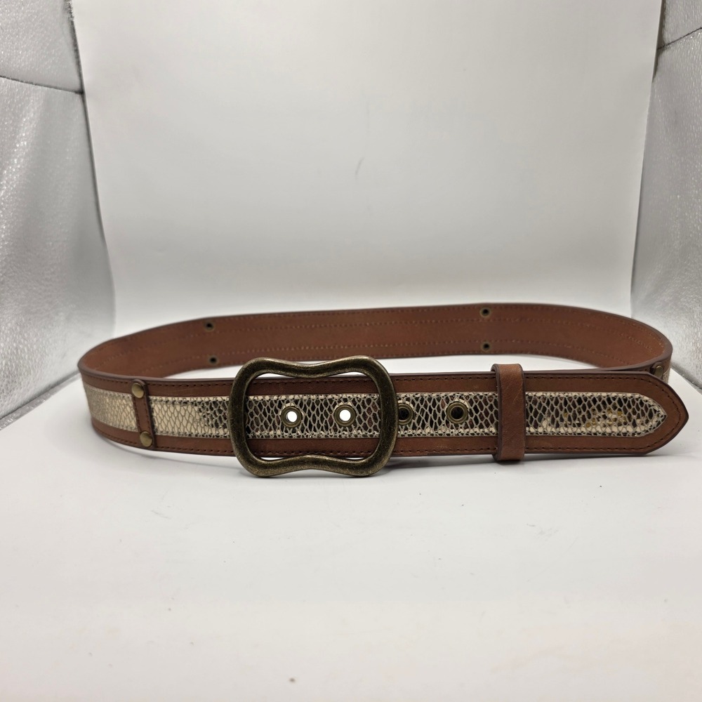 Chicos Brown Leather Metallic Snakeskin Print Belt Brass Buckle Size M RN 79984